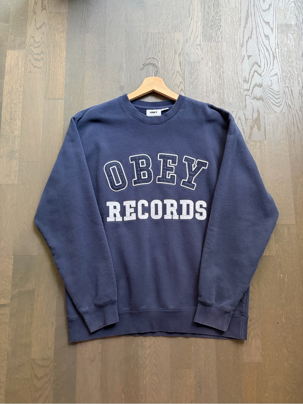 Obey records vintage navy embroidered sweater crewneck